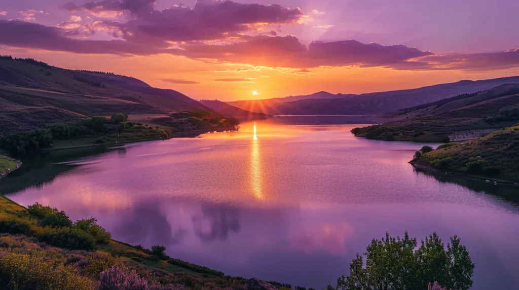 Choosing the Right Personal Training Programs Near Me 2 a breathtaking sunset casts a warm, golden glow over a serene lake, reflecting vibrant hues of orange and purple in the calm waters surrounded by steep, lush green hills.