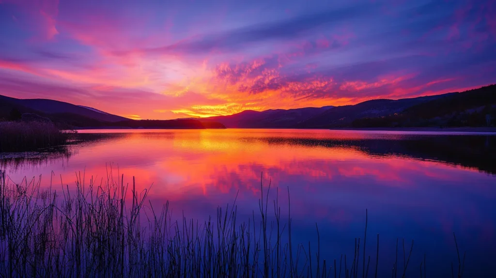 Choosing the Right Personal Training Programs Near Me 3 a dramatic sunset casts vibrant orange and purple hues over a serene lake, reflecting the colorful sky while silhouetting the outlines of distant mountains.