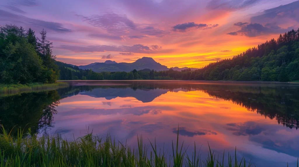 Choosing the Right Personal Training Programs Near Me 1 a majestic sunset casts a warm, golden glow over a tranquil lake, reflecting the vibrant hues of orange and purple in the sky, surrounded by lush greenery and distant mountains.