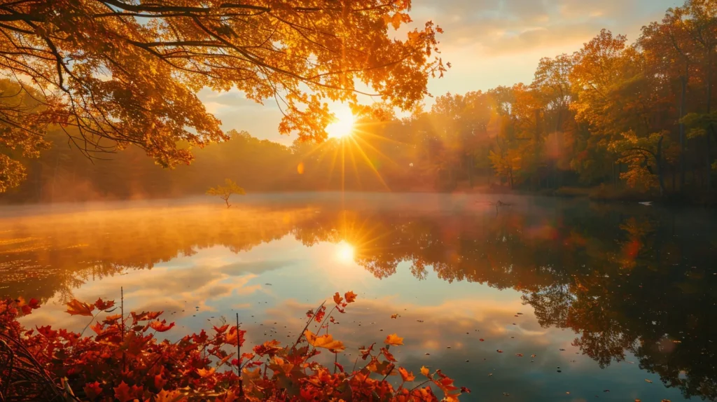 The Role of Fitness Assessments in Achieving Your Goals 6 a radiant sunrise casts golden light over a tranquil lake, reflecting a vibrant array of autumn leaves and creating a breathtaking sense of peace and serenity.