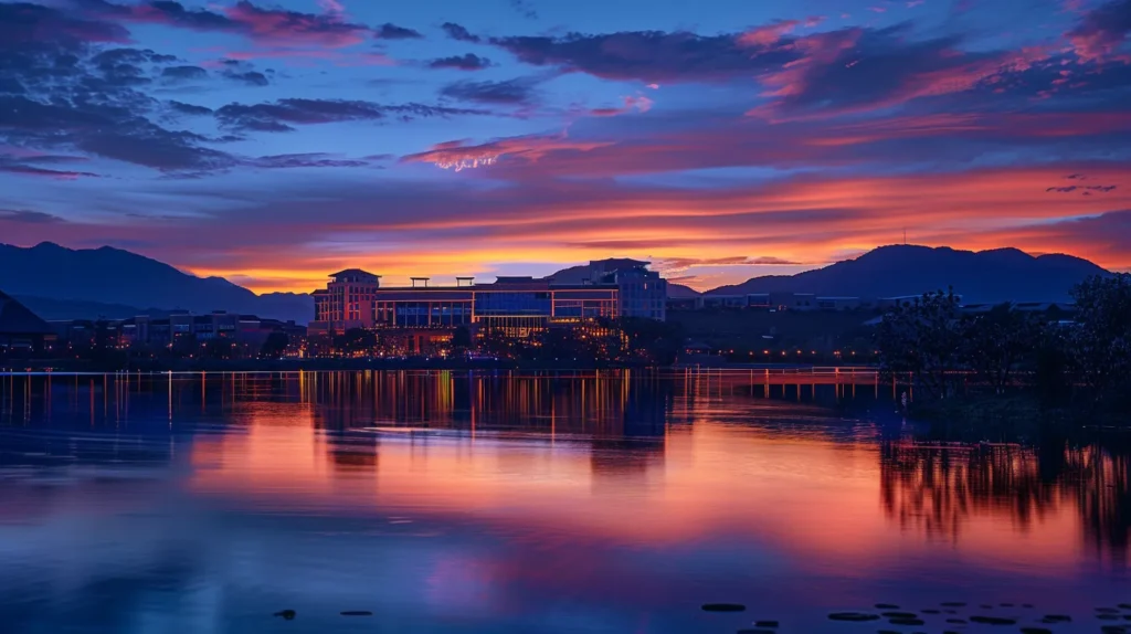 The Role of Fitness Assessments in Achieving Your Goals 4 a vibrant sunset casts a golden hue over a tranquil lake, where silhouetted mountains rise majestically against the colorful sky, reflecting perfectly in the still waters below.