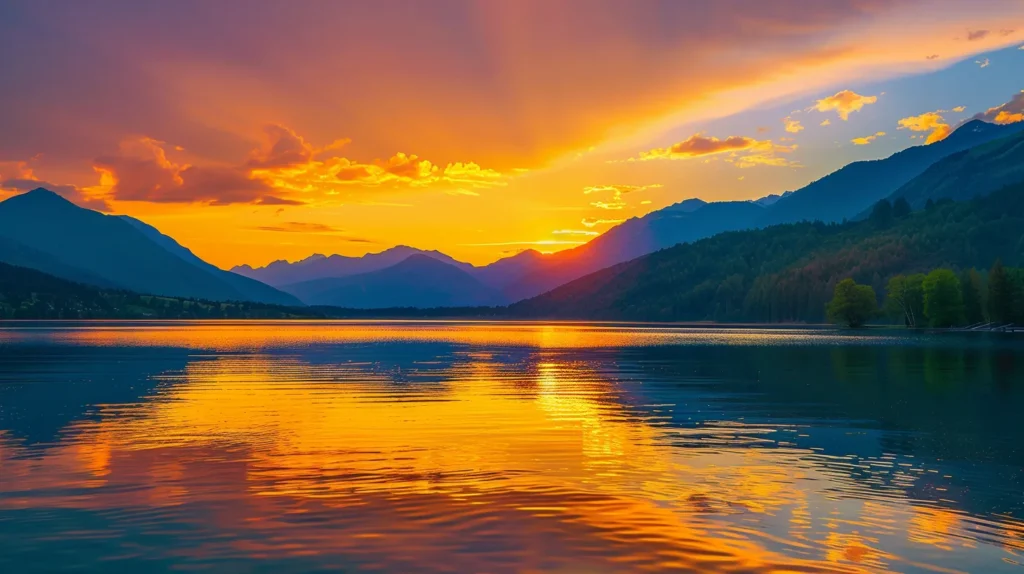 The Role of Fitness Assessments in Achieving Your Goals 2 a vibrant sunset casts a warm golden glow over a tranquil lake, where the reflections of towering mountains ripple softly in the water's surface.