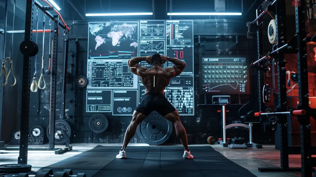 Tailored Strength Training Plans for Every Fitness Level 4 a dynamic indoor gym scene showcases a muscular athlete performing a powerful compound lift, surrounded by advanced training equipment and periodization charts, emphasizing the focus on high-intensity training and recovery techniques for optimal performance.