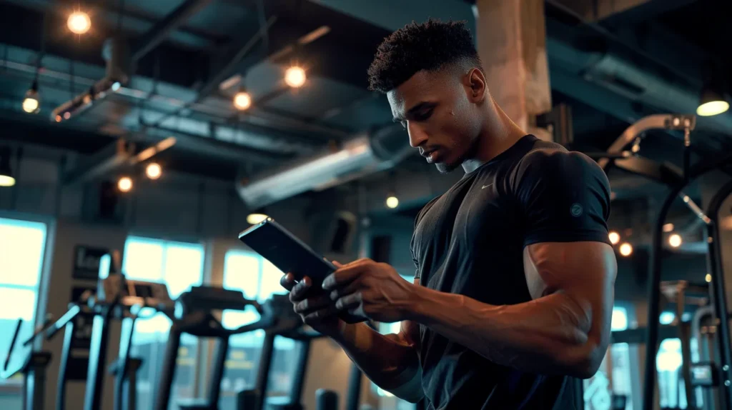 Tailored Strength Training Plans for Every Fitness Level 6 a focused individual in a modern gym setting studies a personalized strength training plan on a sleek tablet, surrounded by high-tech workout equipment and motivational posters, emphasizing commitment to tailored fitness goals.