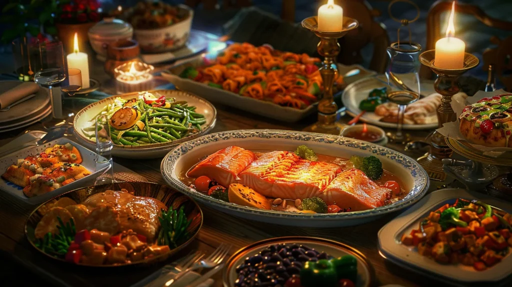 a meticulously arranged dining table showcases an array of vibrant, gourmet dishes including baked salmon with asparagus, stir-fried chicken with broccoli, whole wheat pasta with turkey meat sauce, and black bean and sweet potato enchiladas, illuminated by warm, inviting ambient lighting that emphasizes the meal's rich colors and textures.