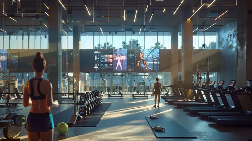 Tailored Strength Training Plans for Every Fitness Level 1 a modern gym setting is filled with individuals engaged in personalized strength training sessions, showcasing tailored workout plans on digital screens while focusing on their specific fitness goals and techniques.