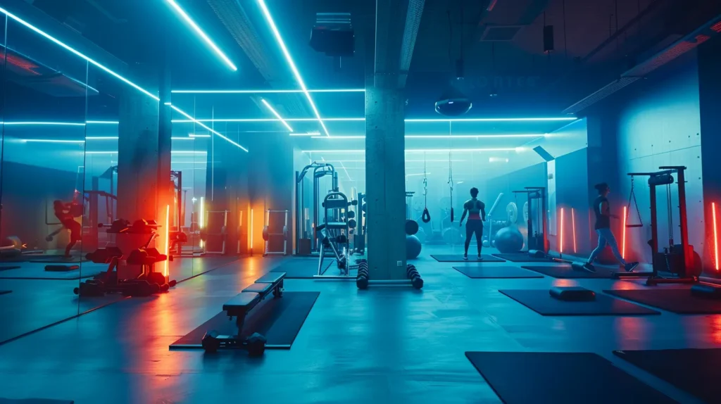 Tailored Strength Training Plans for Every Fitness Level 5 a sleek, modern gym interior showcases individuals engaging in a variety of strength training exercises, surrounded by equipment that emphasizes a balanced integration of weights, resistance bands, and yoga mats, all under dynamic overhead lighting that highlights their determined expressions.