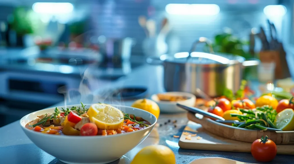 a sleek, modern kitchen features a vibrant display of nutrient-rich foods, with a steaming bowl of colorful teriyaki chicken soup and a tantalizing plate of chorizo with lemon, highlighting the importance of performance nutrition for athletes.