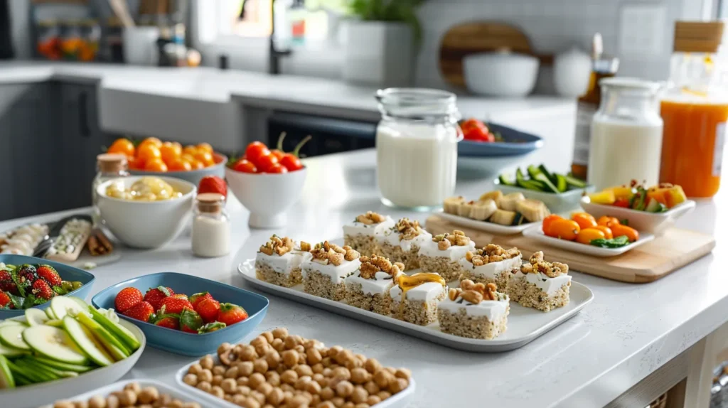 a vibrant, modern kitchen countertop showcases an array of colorful, nutritious snacks including homemade protein bars, banana rice cakes topped with nut butter, greek yogurt drizzled with honey and sprinkled with nuts, and fresh vegetable sticks served with creamy hummus, emphasizing a balanced approach to fueling energy.