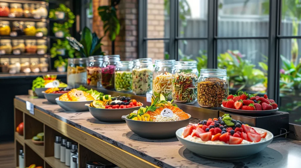 a visually appealing breakfast spread on a modern kitchen countertop features vibrant smoothie bowls topped with fresh fruits, inviting protein-packed overnight oats in stylish mason jars, and colorful quinoa bowls, all arranged against a sleek, urban backdrop that reflects a commitment to health and nutrition.