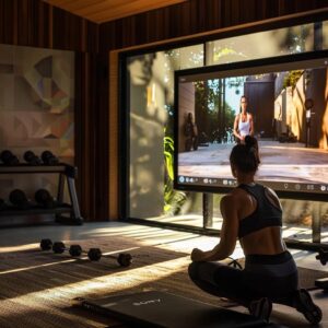 a dynamic remote fitness coaching session unfolds in a modern, well-lit home gym, showcasing a focused client engaging with a coach via a sleek digital screen, surrounded by cutting-edge workout equipment.