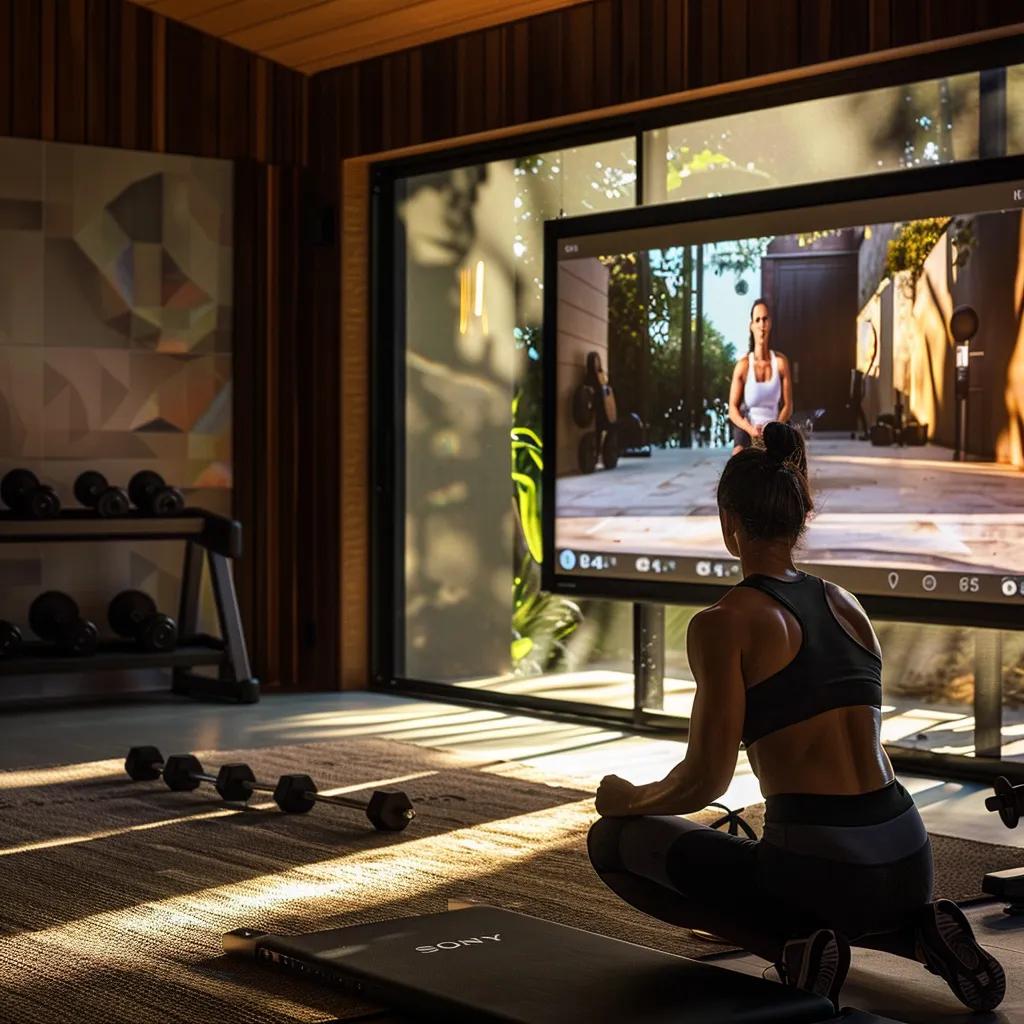 a dynamic remote fitness coaching session unfolds in a modern, well-lit home gym, showcasing a focused client engaging with a coach via a sleek digital screen, surrounded by cutting-edge workout equipment.