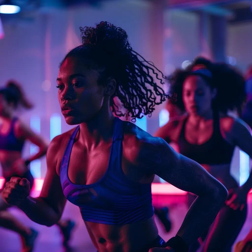 a dynamic small group training session unfolds in a modern fitness studio, showcasing diverse individuals engaged in high-energy workouts under vibrant, color-focused lighting that emphasizes camaraderie and motivation.