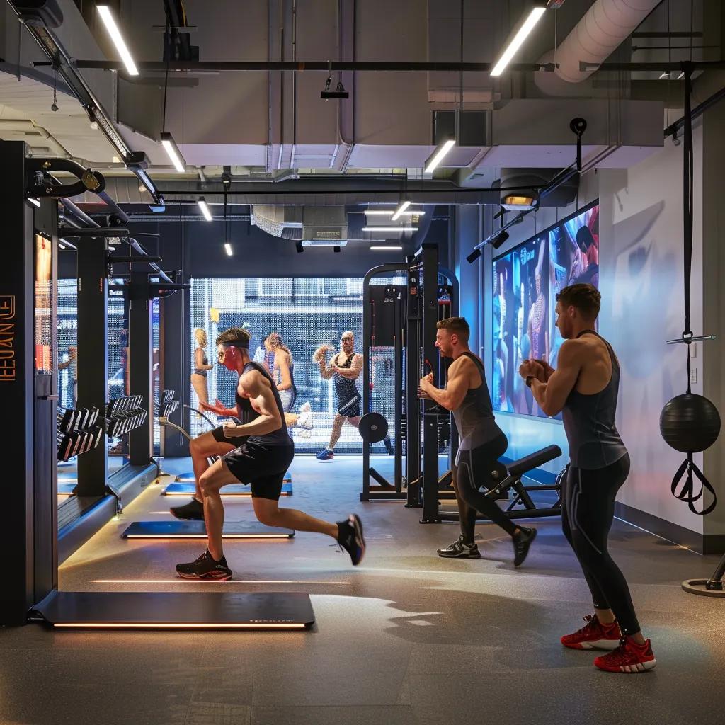 a dynamic personal training session unfolds in a modern gym, showcasing a small, focused group of individuals engaged in intense workouts, surrounded by sleek equipment and vibrant motivational posters, highlighting the journey towards fitness success.