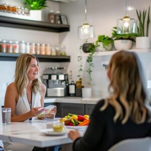 a dynamic nutrition coaching session takes place in a sleek, modern office, showcasing an engaged coach sharing vibrant meal plans with a focused client, illuminated by bold, artificial lighting.