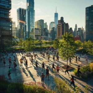 an energized group of diverse individuals engaged in dynamic outdoor workouts at a vibrant urban park, surrounded by modern city architecture and fitness equipment, embodying a spirit of ultimate fitness and community.