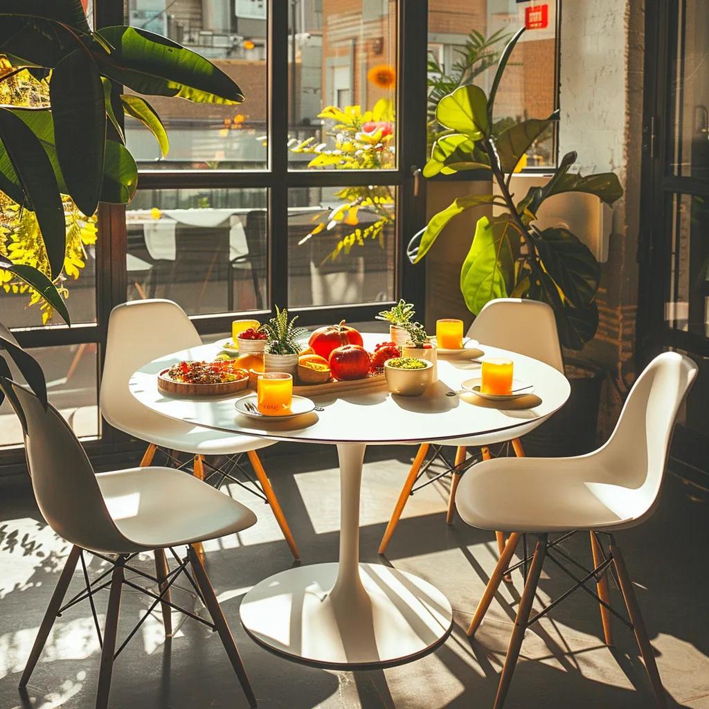 a cozy, well-lit modern coaching space features an inviting round table set with vibrant plates of healthy foods, emphasizing a small group engaged in focused discussions about nutrition and wellness.