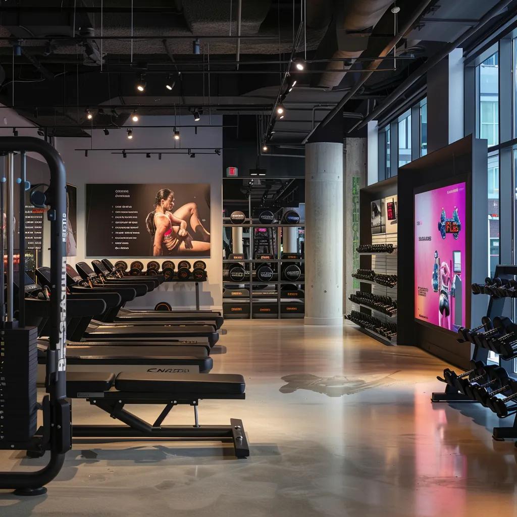 a sleek, modern gym interior filled with high-tech exercise equipment and motivational posters, featuring a clear view of a fitness advisory board displaying essential criteria for selecting the perfect gym.