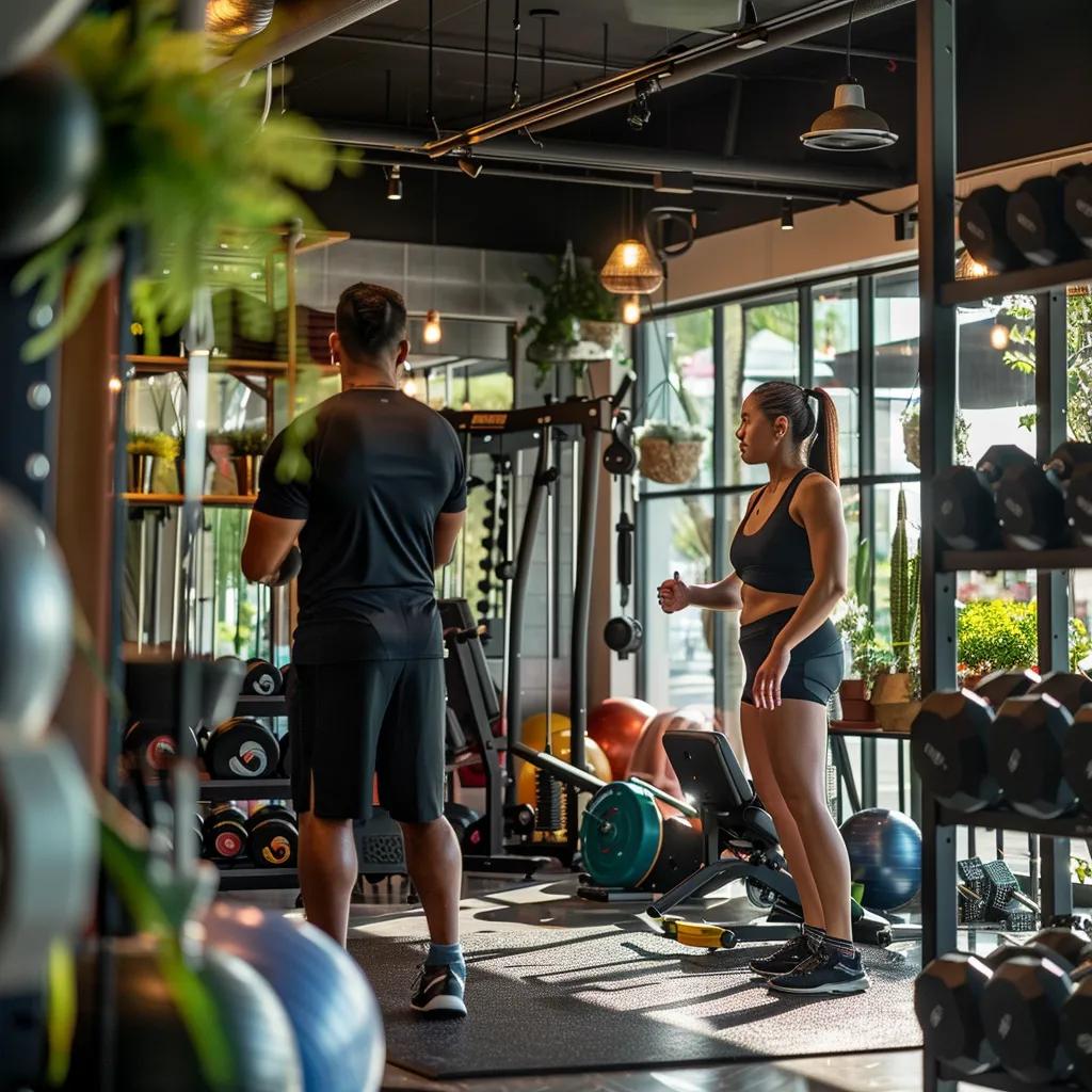 Discover How Personal Training Transformed My Life Today 1 a dynamic fitness studio showcases a personal trainer guiding a motivated client through a workout session, surrounded by vibrant gym equipment and energetic, modern decor.