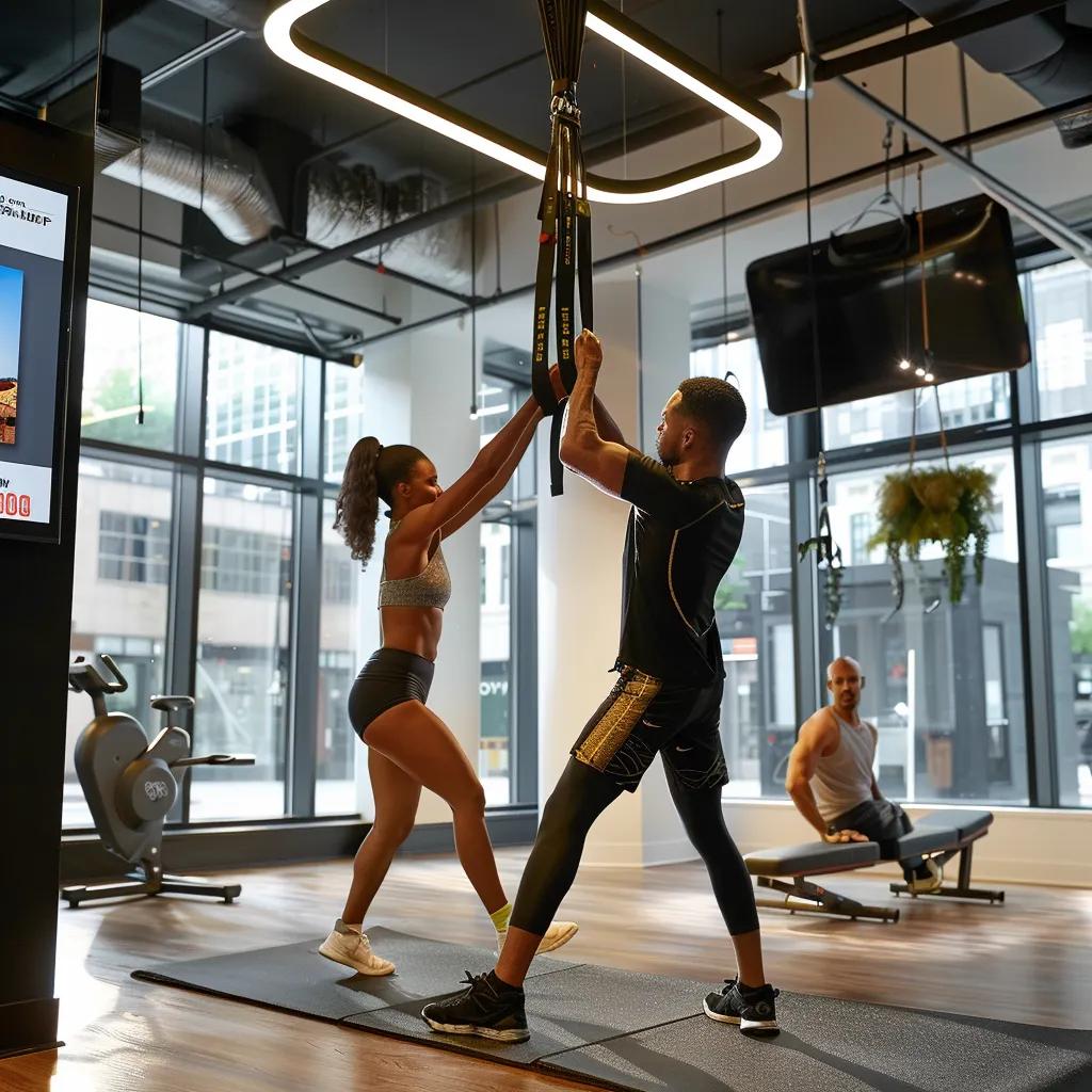 Unlock Enhanced Performance With Personal Training 1 a dynamic personal training session unfolds in a sleek, modern fitness studio in river north, featuring an energetic trainer guiding a focused client through an intense workout against a backdrop of stylish urban decor and motivational visuals.