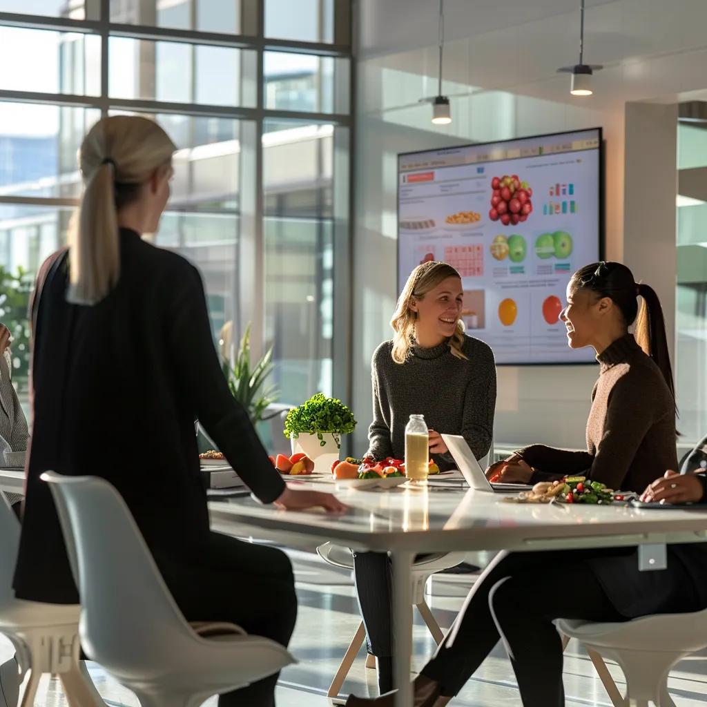 Discover How Personal Training Transformed My Life Today 3 a sleek, modern office space in riverton, featuring a confident nutrition coach engaging with a diverse group of clients around a polished conference table, surrounded by vibrant food charts and nutritional guides.