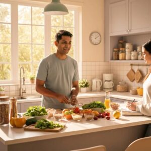 Nutrition coach guiding a client in a bright kitchen with fresh ingredients