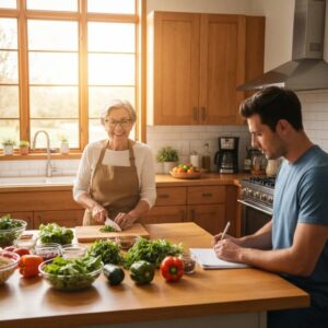 Nutrition coach demonstrating meal prep in a warm kitchen setting