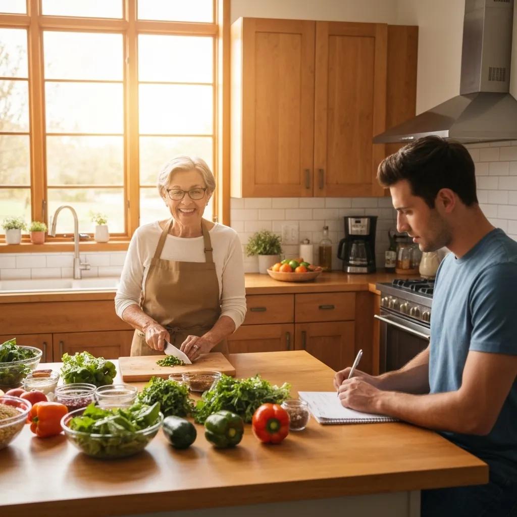 Nutrition coach demonstrating meal prep in a warm kitchen setting