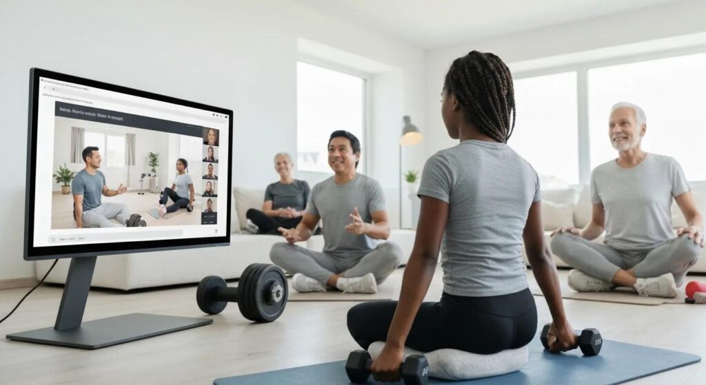 How Remote Coaching in Newtown Supports Nutrition and Small Group Training Goals 1 Diverse individuals participating in remote coaching sessions at home, highlighting fitness and nutrition