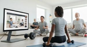Diverse individuals participating in remote coaching sessions at home, highlighting fitness and nutrition