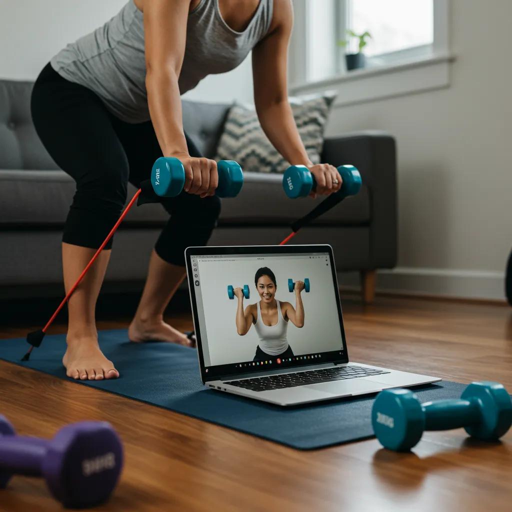 How Remote Coaching in Newtown Supports Nutrition and Small Group Training Goals 2 Individual exercising at home with a laptop, showcasing flexibility in remote coaching
