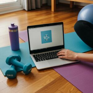 Person engaging in remote coaching session at home with fitness equipment