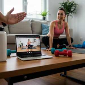 Remote personal training session with a trainer and client engaging through video call in a home setting