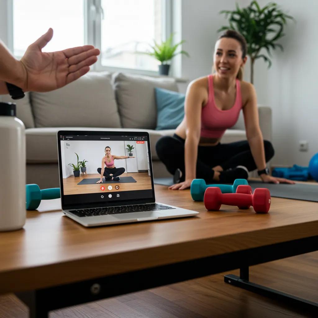 Remote Workout Classes in Newtown|Flexible Fitness That Work 1 Remote personal training session with a trainer and client engaging through video call in a home setting
