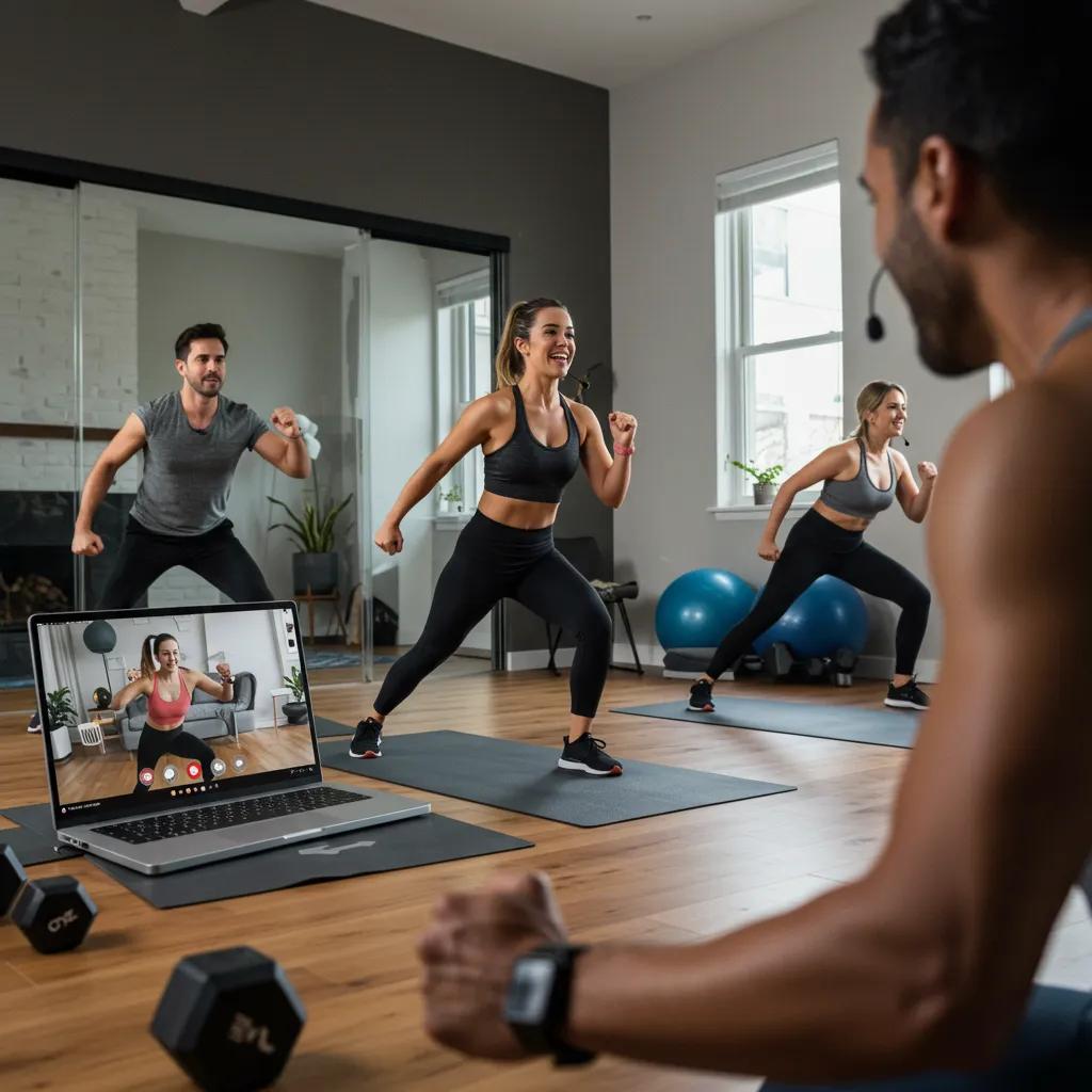 How Remote Coaching in Newtown Supports Nutrition and Small Group Training Goals 3 Small group of individuals participating in a virtual fitness class, highlighting community and accountability