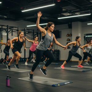 Group of diverse individuals participating in a high-intensity workout class in a modern fitness studio