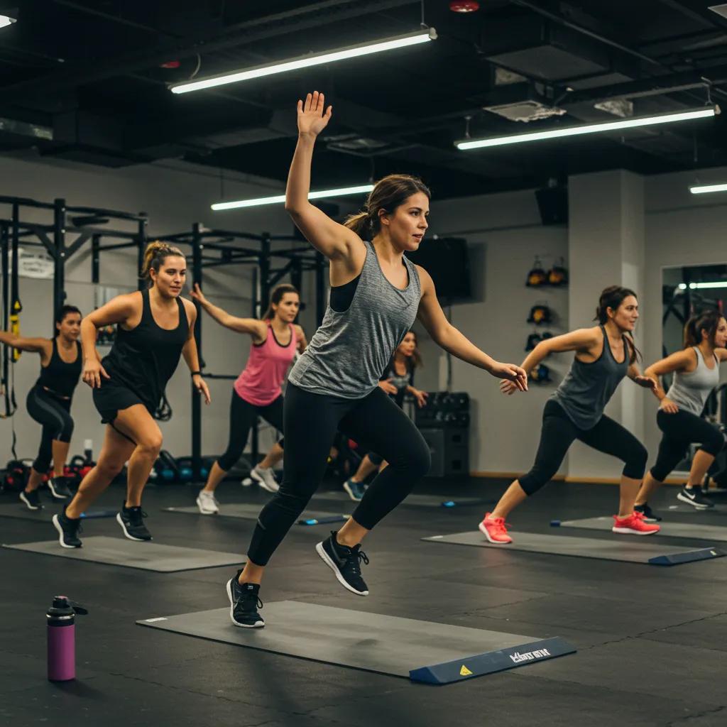 Group of diverse individuals participating in a high-intensity workout class in a modern fitness studio