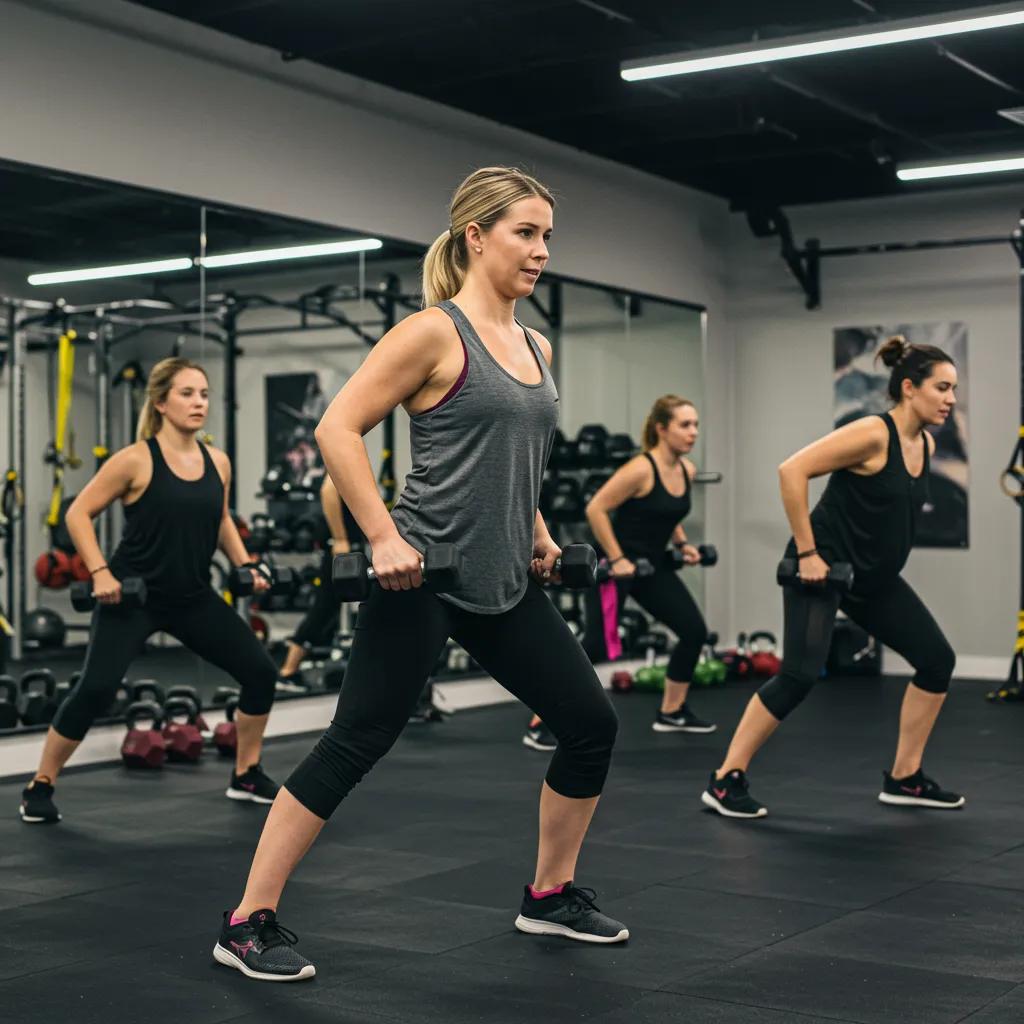 Participants in a small group strength training class receiving guidance from a trainer
