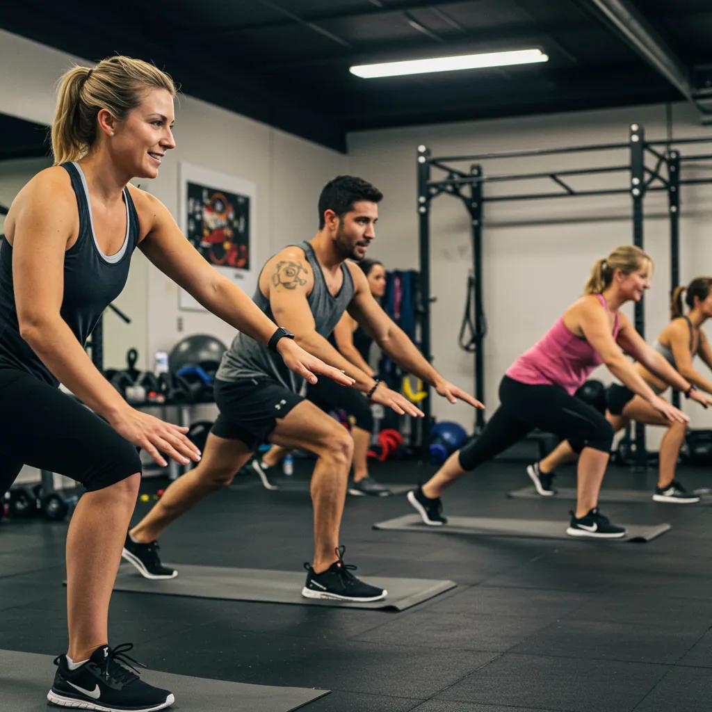 Small group workout class in Newtown showcasing diverse participants and a trainer providing personalized coaching