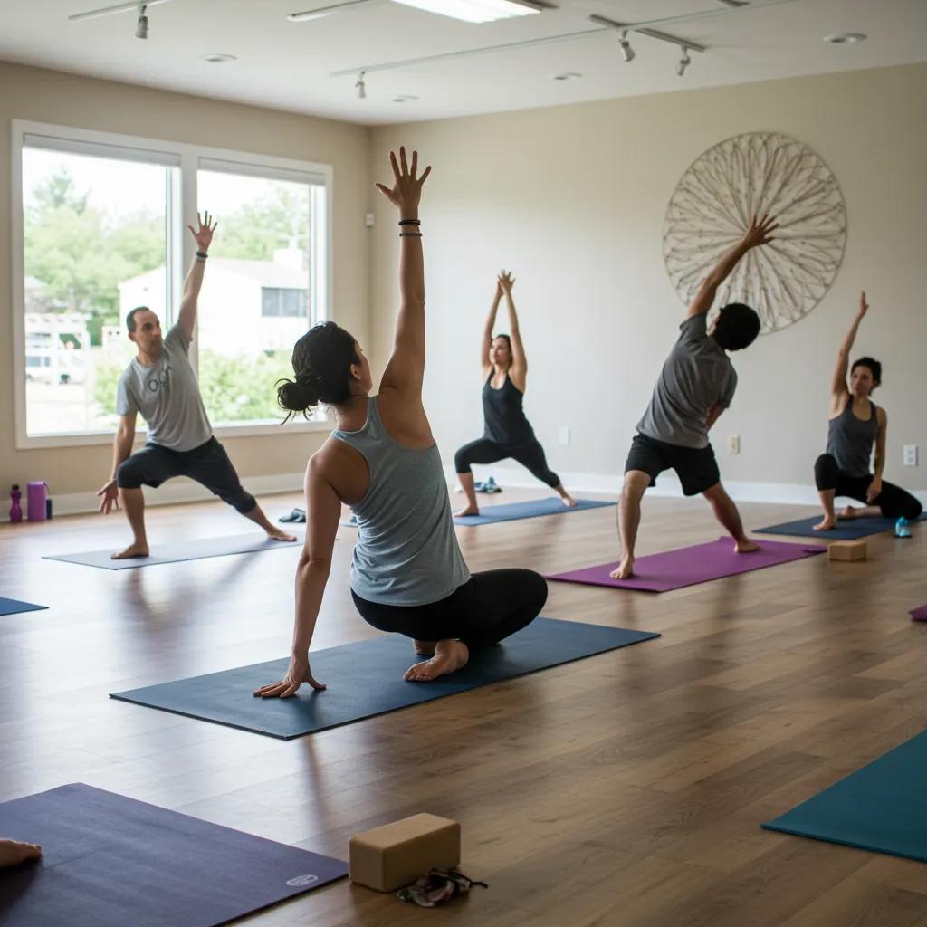 Yoga class in Newtown PA with participants practicing poses in a tranquil studio environment