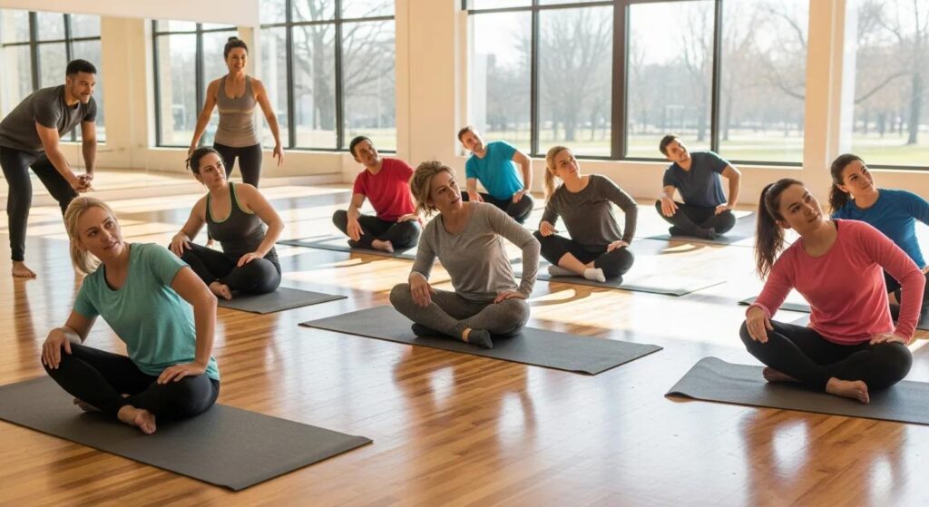 Diverse beginners engaging in a supportive fitness class environment