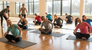 Diverse beginners engaging in a supportive fitness class environment