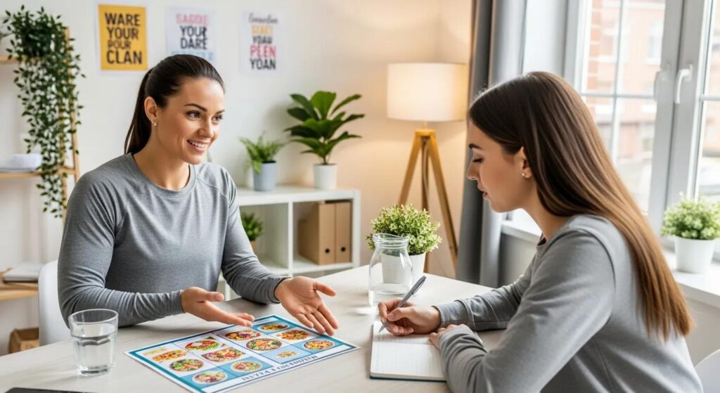 Nutrition coach discussing meal plans with a beginner client in a supportive environment