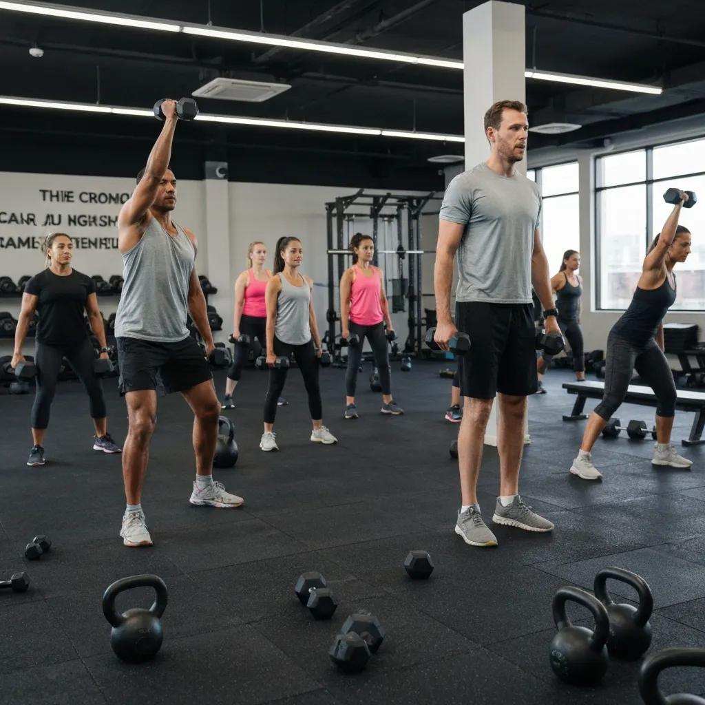 Group of diverse individuals engaged in strength training classes in West Windsor, showcasing teamwork and motivation