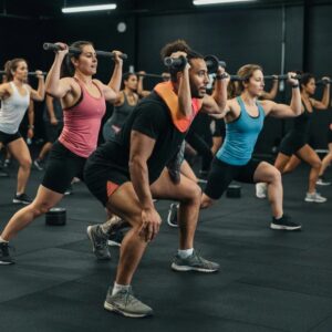 Group workout class at Forge in Newtown, showcasing diverse individuals engaged in strength training exercises