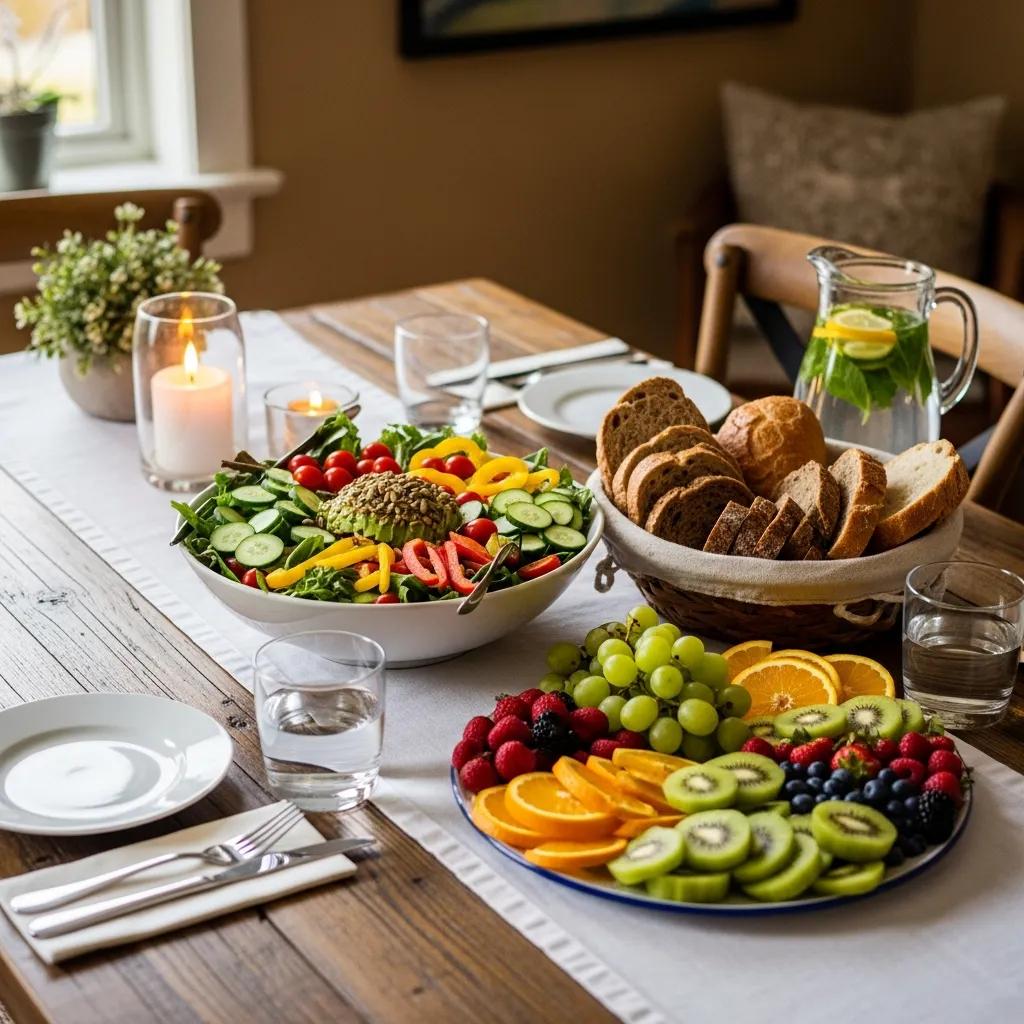 A cozy dining table with diverse dishes promoting intuitive eating principles