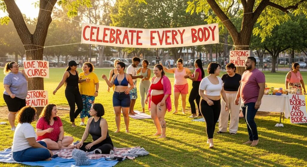 A diverse group of individuals celebrating body positivity in a community setting