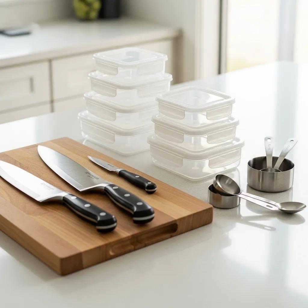 Essential meal prep tools including containers, cutting board, and measuring cups on a kitchen countertop