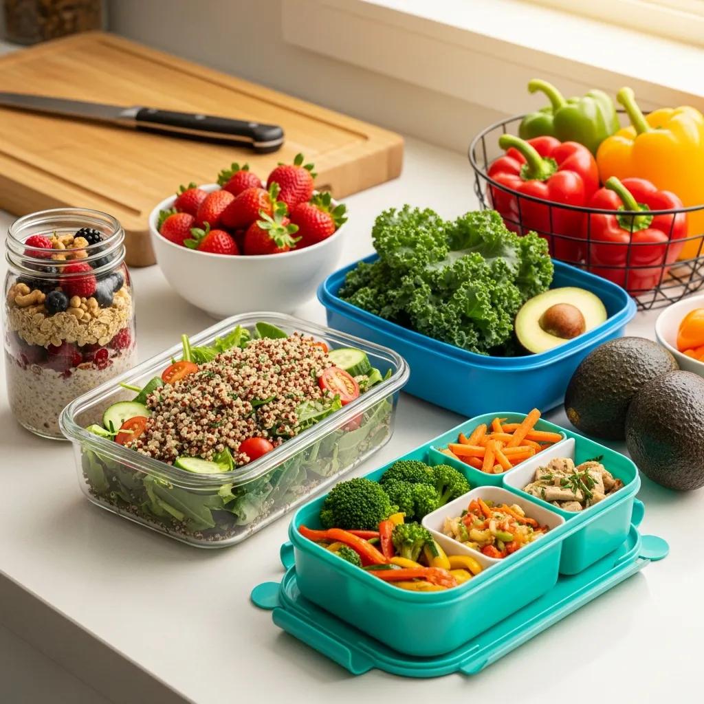 Healthy meal prep options including overnight oats, quinoa salad, and stir-fried vegetables in colorful containers