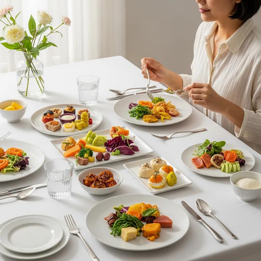 Mindful eating scene with a person enjoying a colorful, healthy meal in a peaceful setting